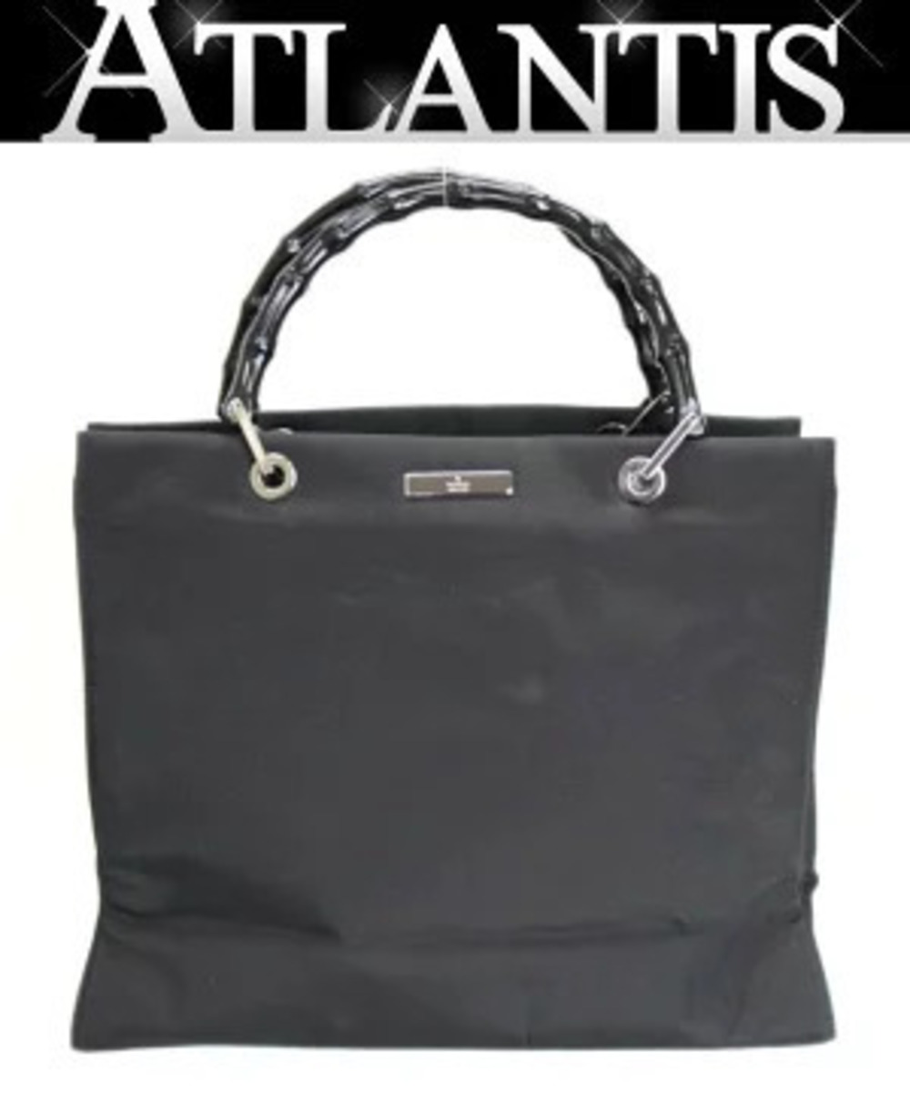 Gucci Bamboo Handbag Tote Bag Black Chrome CS
